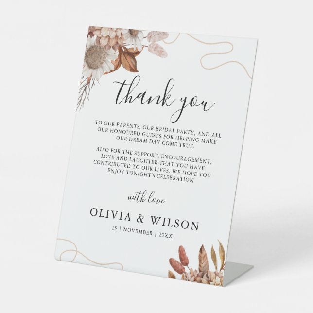 Fall in love | Boho Flowers Wedding Thank You Note Pedestal Sign (Front)