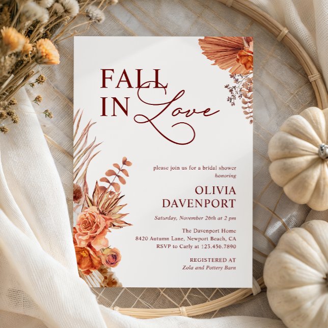 Fall in Love Boho Pampas Terracotta Bridal Shower Invitation (Creator Uploaded)