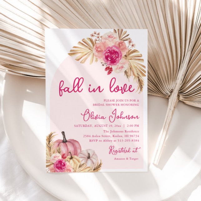 Fall in Love Boho Pink Pumpkin Bridal Shower Invitation (Creator Uploaded)