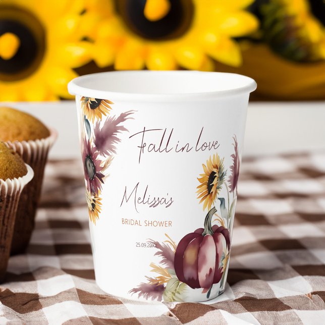 Fall in love boho pumpkin sunflower bridal shower paper cups (Fall in love boho pumpkin sunflowers bridal shower personalized monogram printed paper cups )