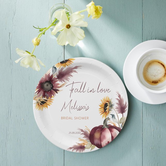 Fall in love boho pumpkin sunflower bridal shower paper plate (Fall in love boho pumpkin sunflowers bridal shower monogram personalized paper plates table decor)