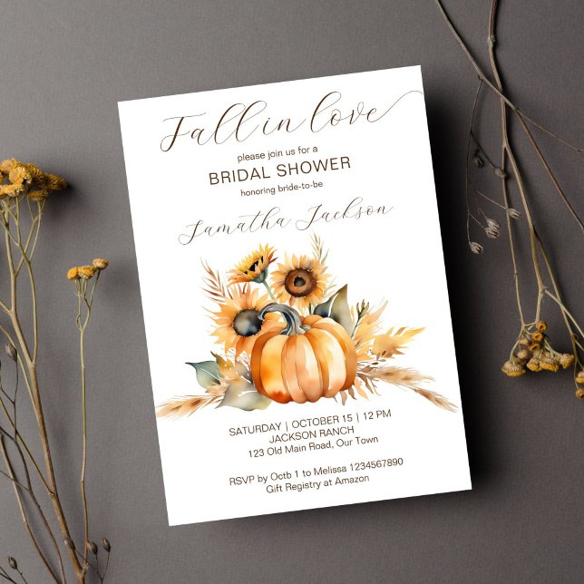 Fall in love boho pumpkin sunflowers bridal shower invitation (Fall in love bridal shower template invitation instant download pumpkin sunflowers earthy brown)
