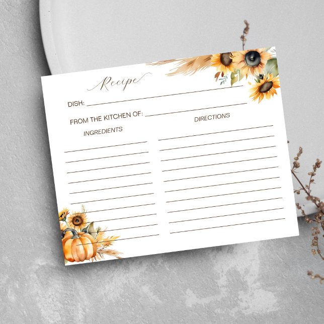 Fall in love boho pumpkin sunflowers recipe card (Fall in love boho pumpkin sunflowers pampas grass bridal shower recipe card)