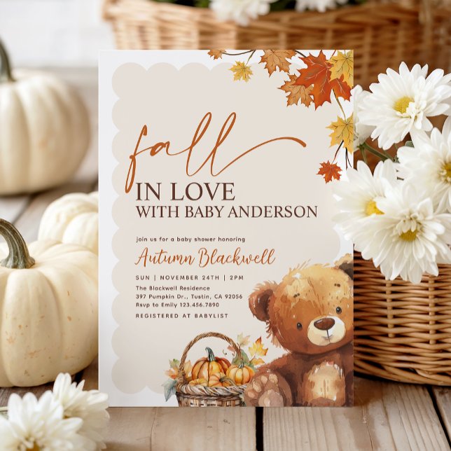 Fall in Love Boho Teddy Bear Autumn Baby Shower Invitation (Creator Uploaded)
