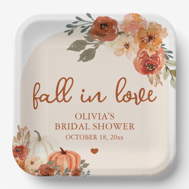 Fall in Love Boho Terracotta Pumpkin Bridal Shower Paper Plate (Front)