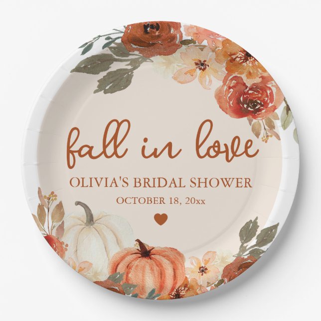 Fall in Love Boho Terracotta Pumpkin Bridal Shower Paper Plate (Front)