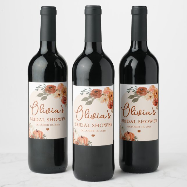 Fall in Love Boho Terracotta Pumpkin Bridal Shower Wine Label (Bottles)