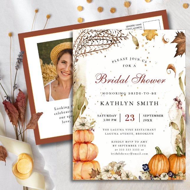 Fall In Love Botanical Pumpkin Bridal Shower Invitation Postcard (Creator Uploaded)