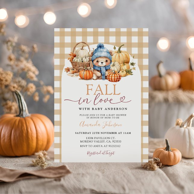 Fall in Love Boy Bear In The Basket Baby Shower Invitation (Creator Uploaded)