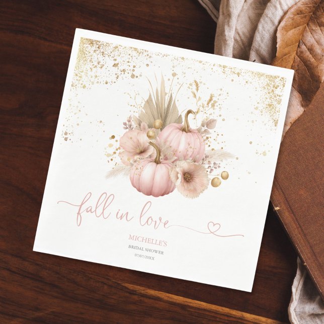 Fall in Love Bridal Shower Boho Flowers Pumpkin Napkin (blush pink boho pumpkin with gold glitter)