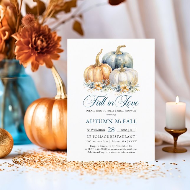 Fall in Love Bridal Shower Gold Blue Pumpkins Invitation (Fall in Love Bridal Shower Gold Blue Pumpkins Invitation)