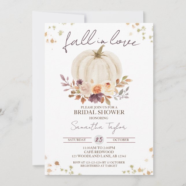 Fall in Love Bridal Shower, Gold White Pumpkin Invitation (Front)