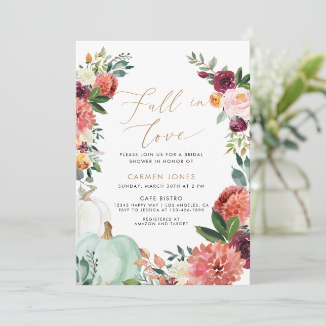 Fall in love Bridal Shower Invitation, Floral Invitation (Standing Front)