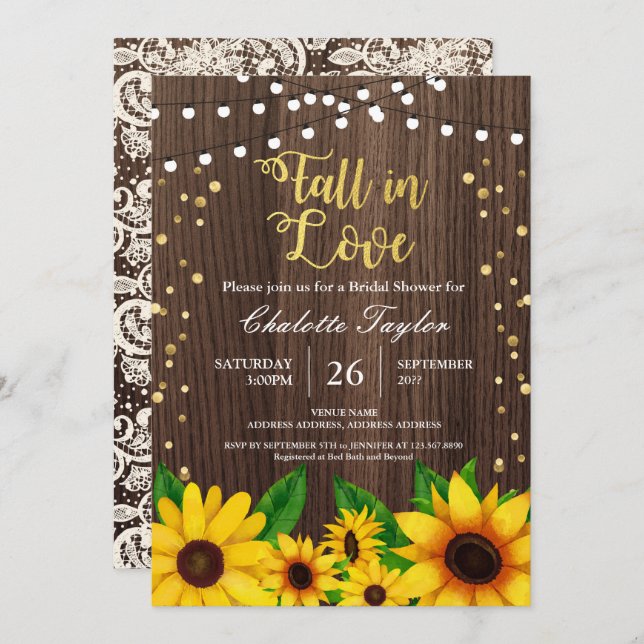 Fall in Love bridal shower invitation sunflower (Front/Back)