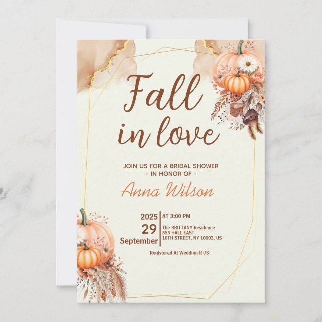 Fall in Love Bridal Shower Pampas Grass Floral  Invitation (Front)