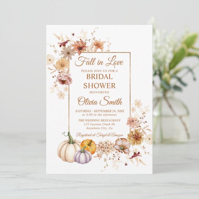 Fall in Love Bridal Shower Pumpkin Rust Flowers Invitation (Standing Front)