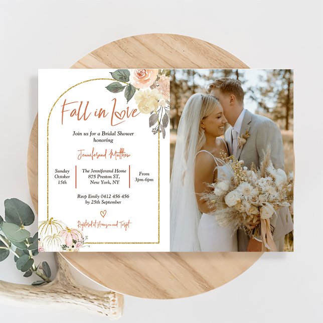 Fall in Love Bridal Shower Rust Flowers Pumpkin Invitation (Creator Uploaded)