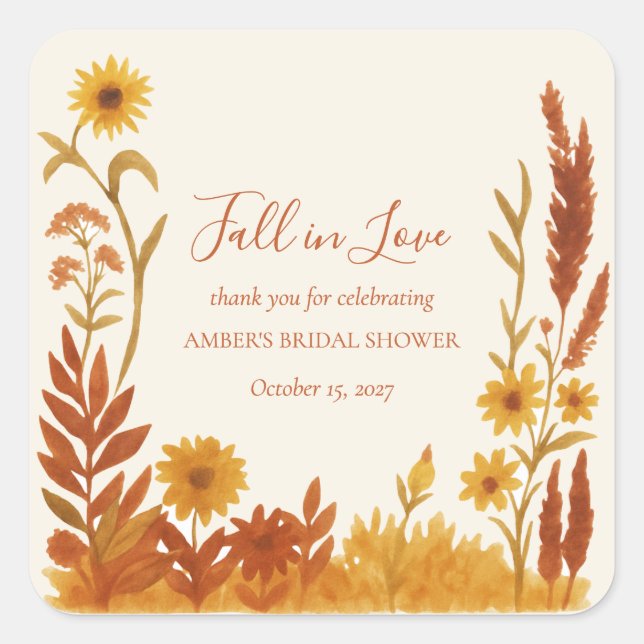 "Fall in Love" Bridal Shower Thank You Favour Square Sticker (Front)