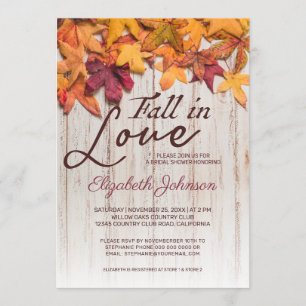 Fall in Love Bridal Shower Wood Autumn Leaves Invitation