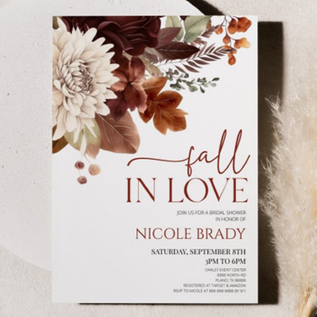 Fall In Love Brown Burgundy Floral Bridal Shower Invitation (Creator Uploaded)