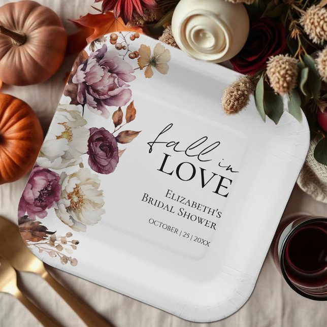Fall In Love Burgundy Autumn Bridal Shower Paper Plate (Creator Uploaded)