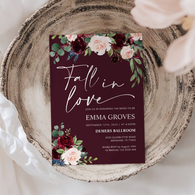 Fall In Love Burgundy Bridal Shower Invitation (Creator Uploaded)