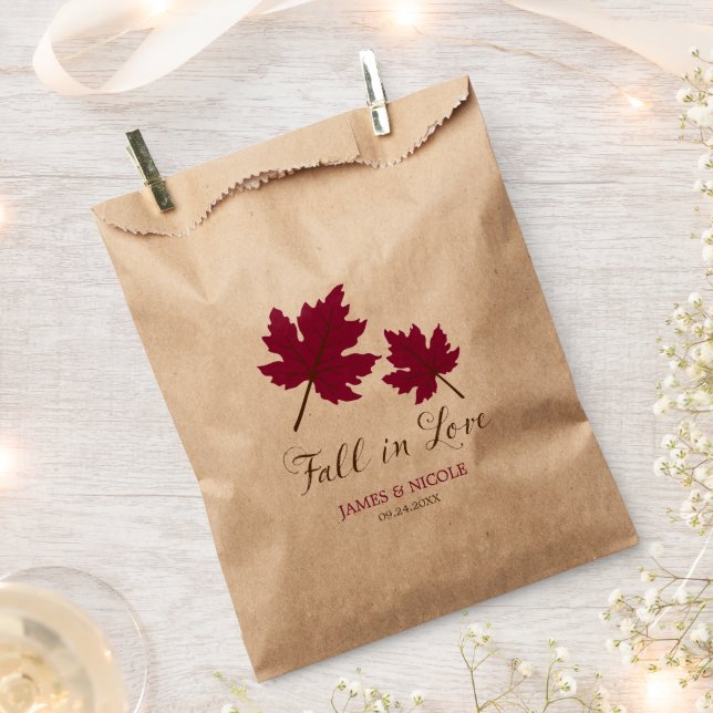 Fall in Love Burgundy Brown Leaves Wedding Favour Bags (Clipped)