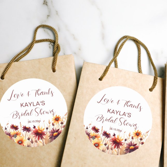 Fall in love burgundy dahlias bridal shower favour classic round sticker (Fall in love bridal shower thank you favor gift stickers burgundy orange dahlias daisies wildflowers)