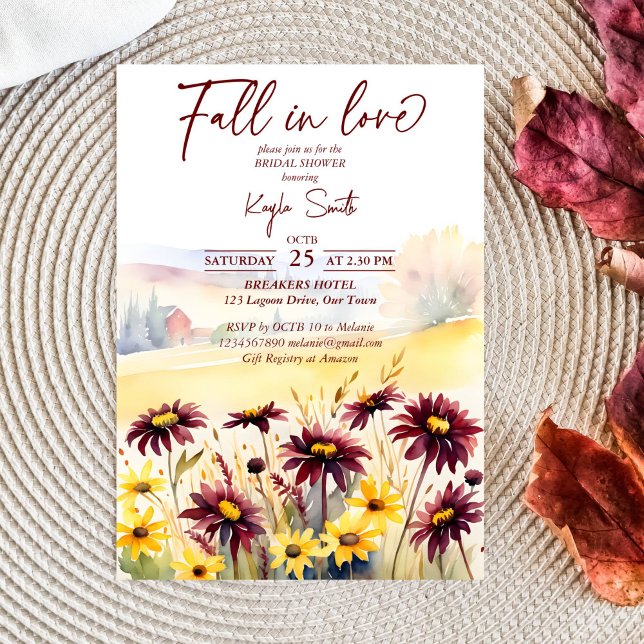 Fall in love burgundy dahlias yellow daisie bridal invitation (Fall in love burgundy dahlias yellow daisies fall themed bridal shower template invitation digital)