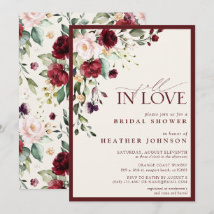Fall in Love Burgundy Ecru Floral Bridal Shower Invitation