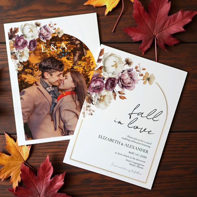 fall in love | Burgundy Floral Arch Photo Wedding Invitation (Creator Uploaded)