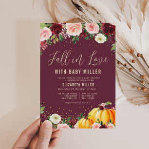 fall in love burgundy floral baby shower invitation