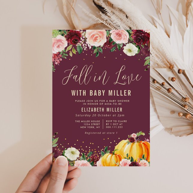 fall in love burgundy floral baby shower invitation (Creator Uploaded)