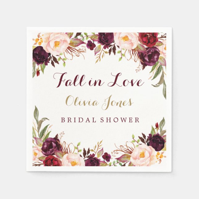 Fall in Love Burgundy Floral Bridal Shower Napkin (Front)