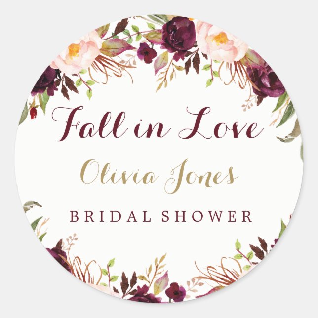 Fall in Love Burgundy Floral Bridal Shower Sticker (Front)