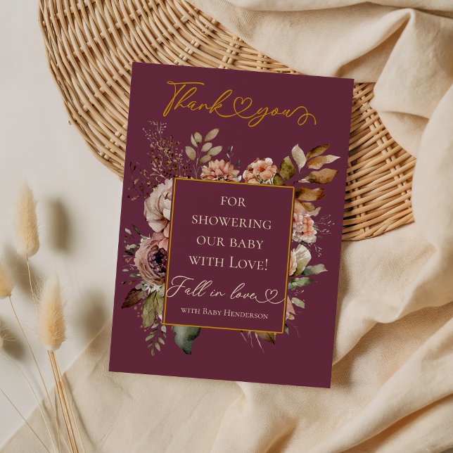 Fall In Love Burgundy Floral Elegant Baby Shower Thank You Card (Creator Uploaded)