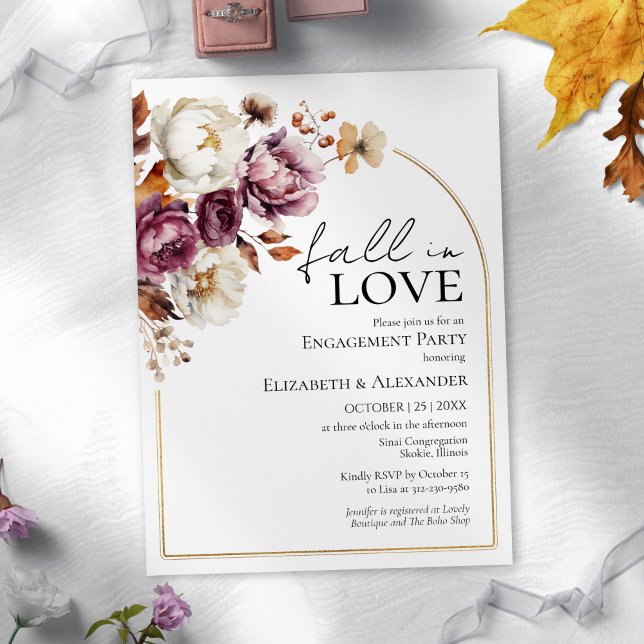 Fall In Love Burgundy Floral Fall Engagement Party Invitation (Creator Uploaded)