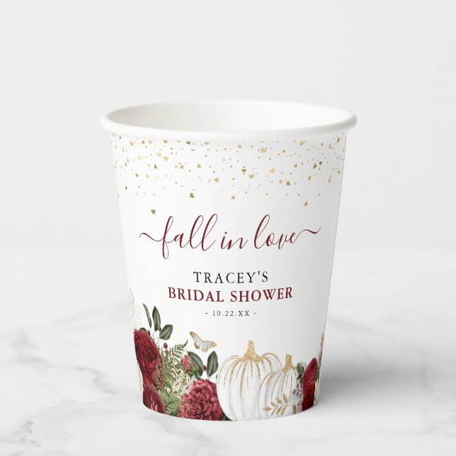 Fall In Love Burgundy Floral Pumpkin Bridal Shower Paper Cups (Back)