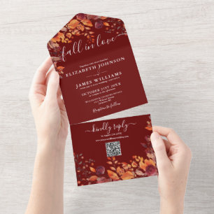 Fall In Love Burgundy Floral QR Code Wedding All In One Invitation