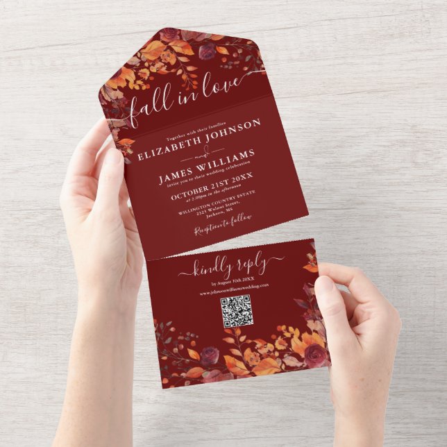  Fall In Love Burgundy Floral QR Code Wedding All In One Invitation (Tearaway)