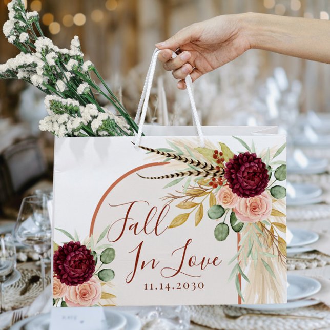 Fall In Love Burgundy Floral Wedding Bridal Shower Large Gift Bag (Creator Uploaded)