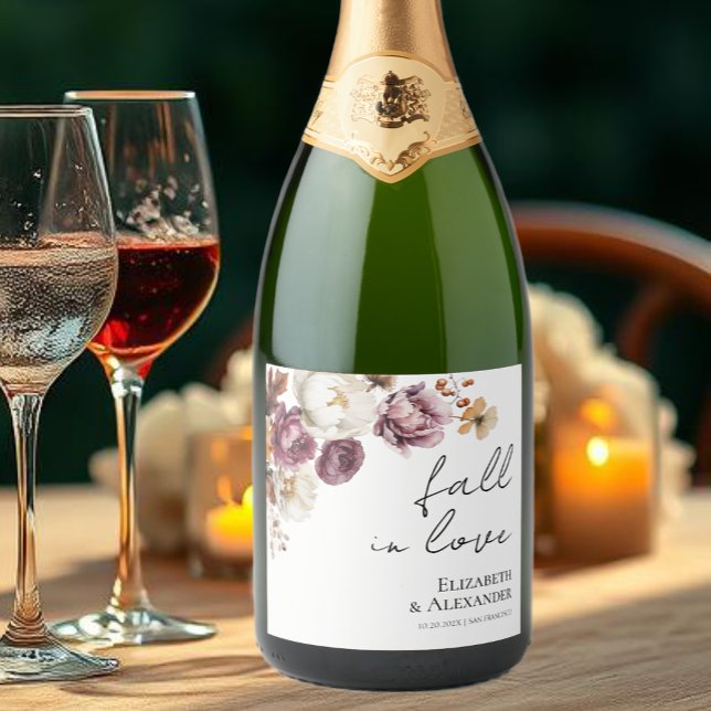 fall in love | Burgundy Floral Wedding Sparkling Wine Label (Creator Uploaded)