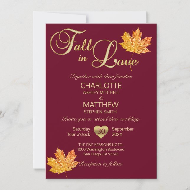 FALL in LOVE Burgundy Marsala Maroon Maple Wedding Invitation (Front)