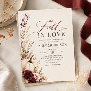 Fall in Love Burgundy Pumpkin Bridal Shower Invitation