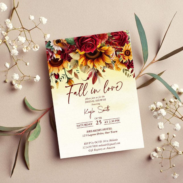 Fall in love burgundy roses sunflowers bridal invitation (Fall in love burgundy roses sunflowers bridal shower invitation template instant download)