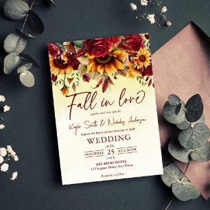 Fall in love burgundy roses sunflowers wedding invitation