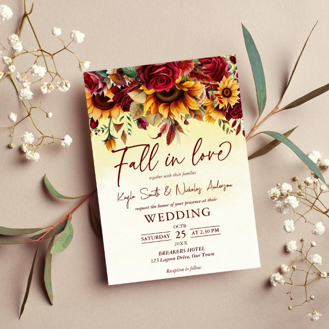 Fall in love burgundy roses sunflowers wedding invitation (Fall in love autumn fall wedding invitation template watercolor burgundy roses sunflowers foliage)