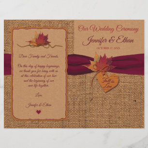 Fall in Love Burlap, Leaves Folded Wedding Program