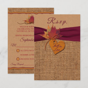 Fall in Love Burlap, Leaves Wedding RSVP Card