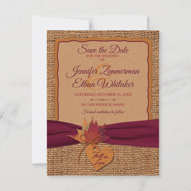 Fall in Love Burlap, Leaves Wedding Save the Date (Front)